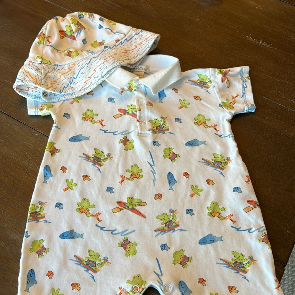 Kissy Kissy Pima Cotton Boys Alligator One-Piece Romper with Matching Hat